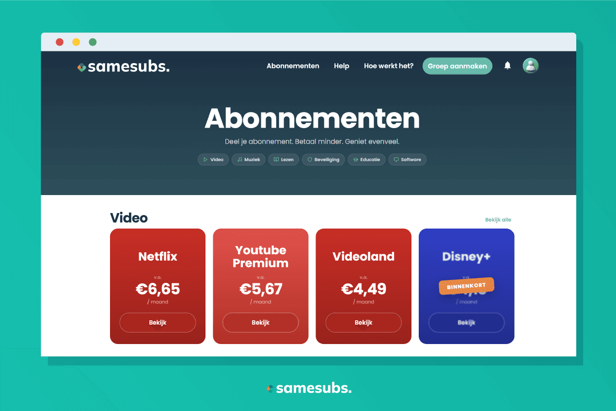 SameSubs dashboard waar je abonnementen kunt delen en kosten kunt verdelen